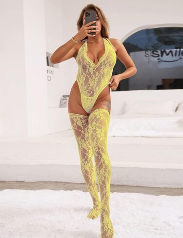 Women's Plus Size Bodysuit Sexy Lace Lingerie Set Halter Deep V Teddy with Stockings Sheer One Piece Leotard Sleepwear XS-4XL in Kuwait