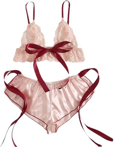 Women's 2 Piece Lace Exotic Lingerie Sets Sexy Tie Side Sheer Bow Bra with High Cut Panty Naughty Outfits in Kuwait