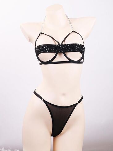 Sexy Rhinestone Lingerie Set Women Chain Halter Bra Mesh Thong Underwear Strappy Cutout Exotic Nightwear 2 Piece Outfit in Kuwait