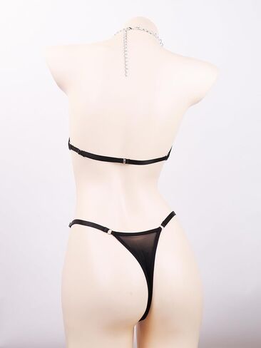 Sexy Rhinestone Lingerie Set Women Chain Halter Bra Mesh Thong Underwear Strappy Cutout Exotic Nightwear 2 Piece Outfit in Kuwait