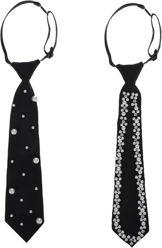 2Pcs Black Tie for Women Men, Elegant Pearl Rhinestone Tie Adjustable Pre-Tied Neck Ties for Party Prom Banquet Date in Saudi Arabia