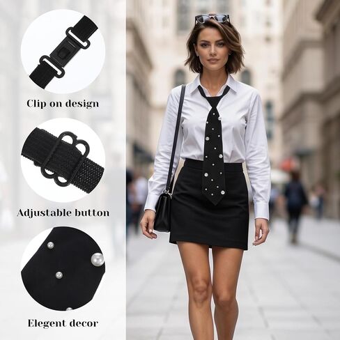 2Pcs Black Tie for Women Men, Elegant Pearl Rhinestone Tie Adjustable Pre-Tied Neck Ties for Party Prom Banquet Date in Saudi Arabia