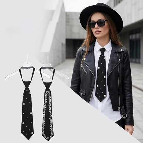 2Pcs Black Tie for Women Men, Elegant Pearl Rhinestone Tie Adjustable Pre-Tied Neck Ties for Party Prom Banquet Date in Saudi Arabia