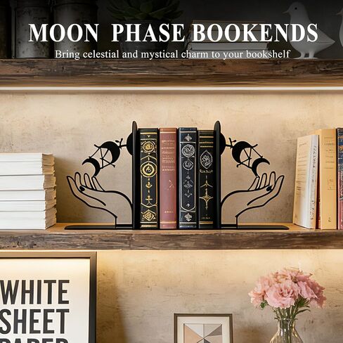 Metal Moon Phases Bookends Heavy Duty Gothic Book Ends for Bookshelf, Witchy Moon Book Holder Set for Office Desk Home Decor, Matte Black Decorative Bookends in Saudi Arabia