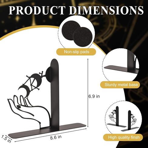 Metal Moon Phases Bookends Heavy Duty Gothic Book Ends for Bookshelf, Witchy Moon Book Holder Set for Office Desk Home Decor, Matte Black Decorative Bookends in Saudi Arabia