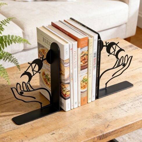 Metal Moon Phases Bookends Heavy Duty Gothic Book Ends for Bookshelf, Witchy Moon Book Holder Set for Office Desk Home Decor, Matte Black Decorative Bookends in Saudi Arabia
