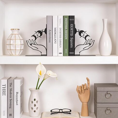 Metal Moon Phases Bookends Heavy Duty Gothic Book Ends for Bookshelf, Witchy Moon Book Holder Set for Office Desk Home Decor, Matte Black Decorative Bookends in Saudi Arabia
