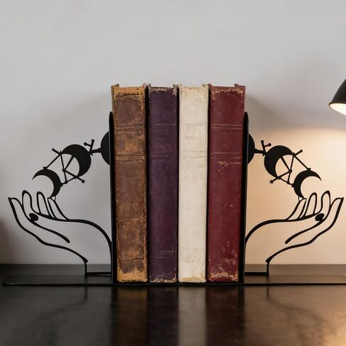 Metal Moon Phases Bookends Heavy Duty Gothic Book Ends for Bookshelf, Witchy Moon Book Holder Set for Office Desk Home Decor, Matte Black Decorative Bookends in Saudi Arabia