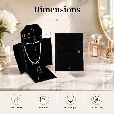WRINGKIT 3 Pack مجلد قلادة مخملية، حقيبة سفر حامل قلادة ناعمة الملمس، حقيبة عرض لتخزين اللؤلؤ، حقيبة هدايا مجوهرات بسلسلة مقاس 8.1 × 6 بوصة للنساء، الزفاف، عيد الحب، أسود in Kuwait