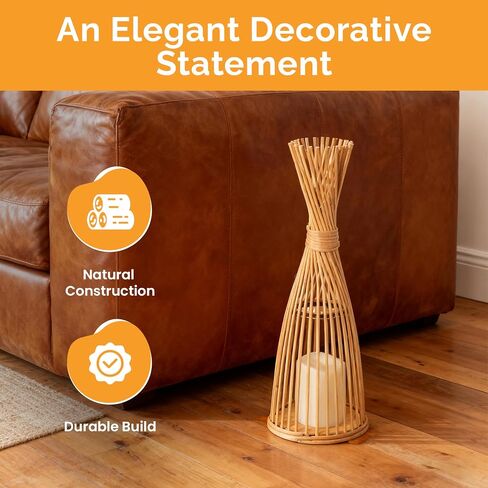 Vintiquewise Hand-Woven Tall Bamboo LED Floor Standing Lantern – Bohemian Wicker Decorative Lamp and Farmhouse Accent for Living Rooms Entryways Patios and Garden, Small in Kuwait