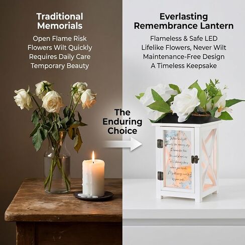 Memorial Lantern for Loss of Loved One - Sympathy Lantern for Funeral Gift & Condolences - Waterproof Wood Lantern with Flameless Candle & Silk Roses,13.5" Anniversary Tribute for Home & Porch in Saudi Arabia