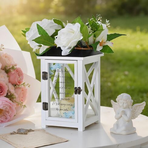 Memorial Lantern for Loss of Loved One - Sympathy Lantern for Funeral Gift & Condolences - Waterproof Wood Lantern with Flameless Candle & Silk Roses,13.5" Anniversary Tribute for Home & Porch in Saudi Arabia