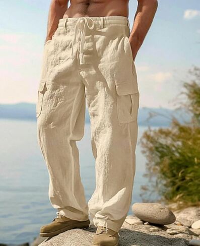 Men's Cotton Linen Pants Elastic Waist Drawstring Casual Trouser Lightweight Straight-Legs Loose Beach Yoga Pants in Kuwait