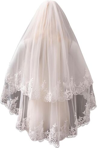 2 Tier Floral Lace Edge Bridal Veil with Metal Comb for Wedding Bride in Saudi Arabia