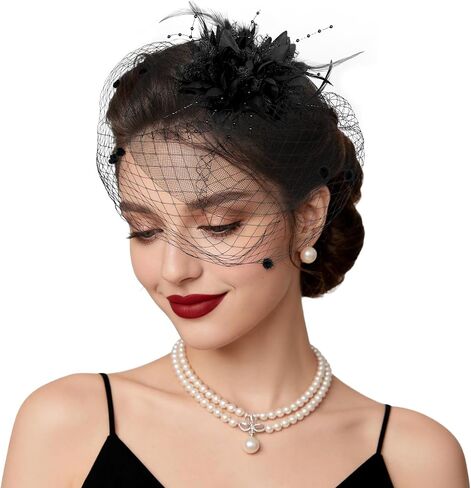 Fascinators Hats Tea Party Hats for Women Feather Veil Headband Vintage Lace Cocktail Headwear Bridal Wedding Veil Retro Hat in Kuwait