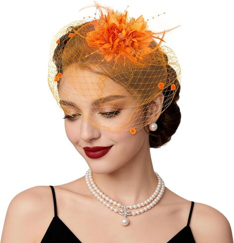 Fascinators Hats Tea Party Hats for Women Feather Veil Headband Vintage Lace Cocktail Headwear Bridal Wedding Veil Retro Hat in Kuwait