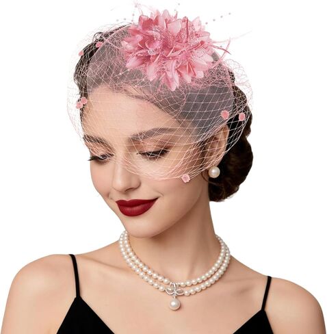 Fascinators Hats Tea Party Hats for Women Feather Veil Headband Vintage Lace Cocktail Headwear Bridal Wedding Veil Retro Hat in Kuwait