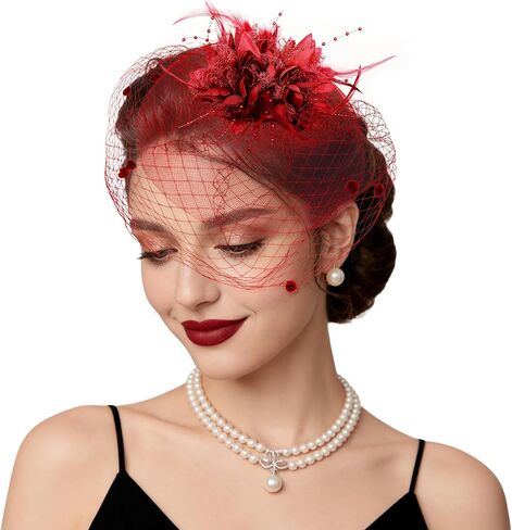 Fascinators Hats Tea Party Hats for Women Feather Veil Headband Vintage Lace Cocktail Headwear Bridal Wedding Veil Retro Hat in Kuwait