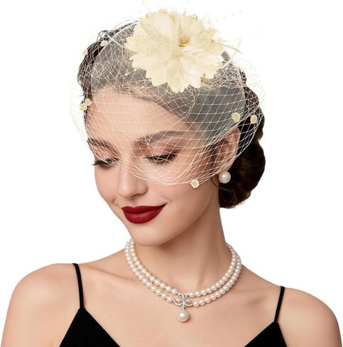 Fascinators Hats Tea Party Hats for Women Feather Veil Headband Vintage Lace Cocktail Headwear Bridal Wedding Veil Retro Hat in Kuwait