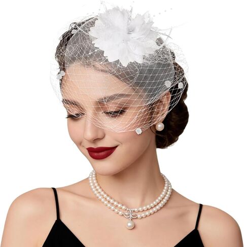 Fascinators Hats Tea Party Hats for Women Feather Veil Headband Vintage Lace Cocktail Headwear Bridal Wedding Veil Retro Hat in Kuwait