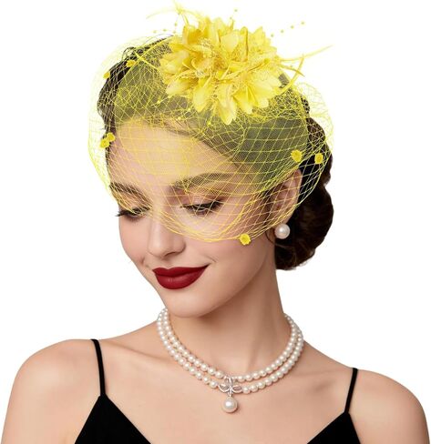 Fascinators Hats Tea Party Hats for Women Feather Veil Headband Vintage Lace Cocktail Headwear Bridal Wedding Veil Retro Hat in Kuwait