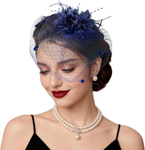 Fascinators Hats Tea Party Hats for Women Feather Veil Headband Vintage Lace Cocktail Headwear Bridal Wedding Veil Retro Hat in Kuwait