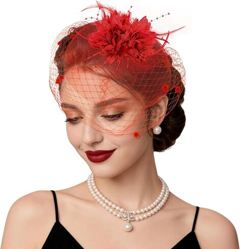 Fascinators Hats Tea Party Hats for Women Feather Veil Headband Vintage Lace Cocktail Headwear Bridal Wedding Veil Retro Hat in Kuwait