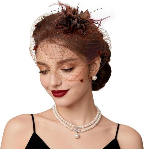 Fascinators Hats Tea Party Hats for Women Feather Veil Headband Vintage Lace Cocktail Headwear Bridal Wedding Veil Retro Hat in Kuwait