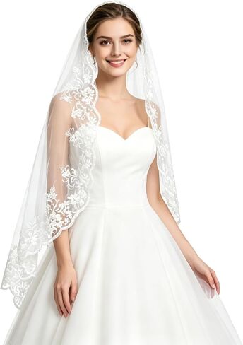 1 Tier Fingertip Length Wedding Veil, Elegant Lace Edge Soft Tulle with Metal Comb for Bride Wedding Accessories in Saudi Arabia