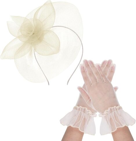 Lystaii Fascinator Hat with Gloves Set for Women Mesh Headband with Clip Wedding Tea Party Church Cocktail Headwea in Kuwait