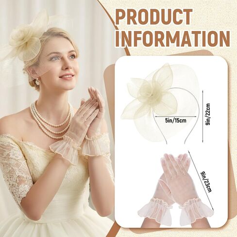 Lystaii Fascinator Hat with Gloves Set for Women Mesh Headband with Clip Wedding Tea Party Church Cocktail Headwea in Kuwait