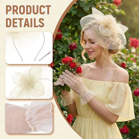 Lystaii Fascinator Hat with Gloves Set for Women Mesh Headband with Clip Wedding Tea Party Church Cocktail Headwea in Kuwait