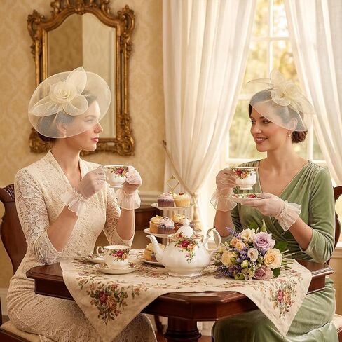 Lystaii Fascinator Hat with Gloves Set for Women Mesh Headband with Clip Wedding Tea Party Church Cocktail Headwea in Kuwait