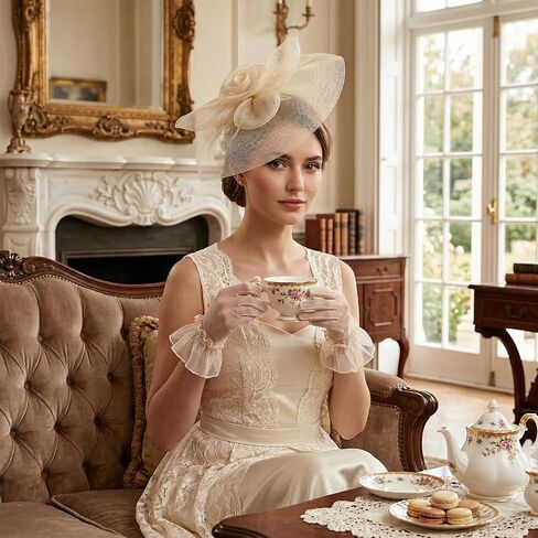 Lystaii Fascinator Hat with Gloves Set for Women Mesh Headband with Clip Wedding Tea Party Church Cocktail Headwea in Kuwait
