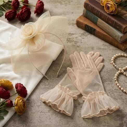 Lystaii Fascinator Hat with Gloves Set for Women Mesh Headband with Clip Wedding Tea Party Church Cocktail Headwea in Kuwait