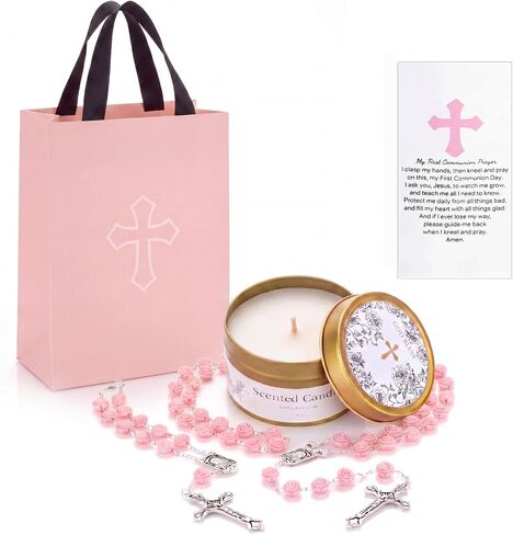 Kenning 5 Set of First Communion Gifts for Women Girls Pink Rose Cross Rosary Necklace Bracelet Jewelry with Scented Candle Bag Religious Christian Baptism Gift for Teen Girls in Kuwait