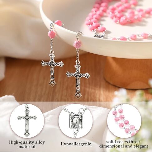 Kenning 5 Set of First Communion Gifts for Women Girls Pink Rose Cross Rosary Necklace Bracelet Jewelry with Scented Candle Bag Religious Christian Baptism Gift for Teen Girls in Kuwait