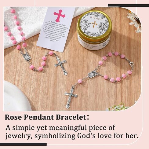 Kenning 5 Set of First Communion Gifts for Women Girls Pink Rose Cross Rosary Necklace Bracelet Jewelry with Scented Candle Bag Religious Christian Baptism Gift for Teen Girls in Kuwait