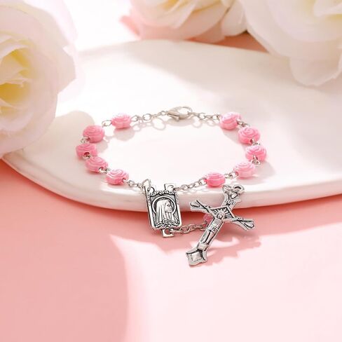 Kenning 5 Set of First Communion Gifts for Women Girls Pink Rose Cross Rosary Necklace Bracelet Jewelry with Scented Candle Bag Religious Christian Baptism Gift for Teen Girls in Kuwait