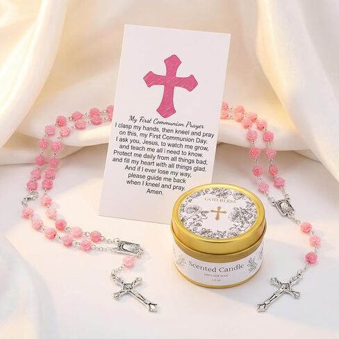 Kenning 5 Set of First Communion Gifts for Women Girls Pink Rose Cross Rosary Necklace Bracelet Jewelry with Scented Candle Bag Religious Christian Baptism Gift for Teen Girls in Kuwait