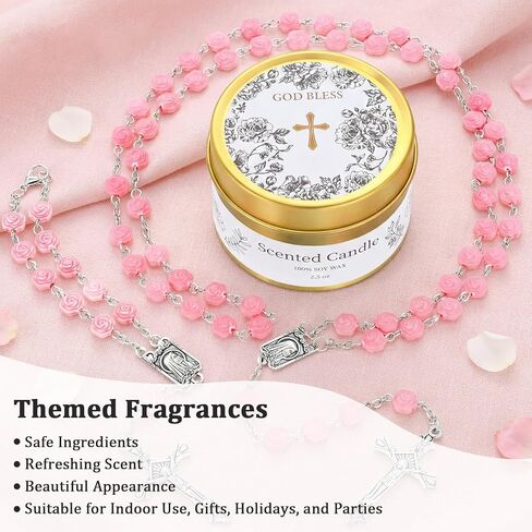 Kenning 5 Set of First Communion Gifts for Women Girls Pink Rose Cross Rosary Necklace Bracelet Jewelry with Scented Candle Bag Religious Christian Baptism Gift for Teen Girls in Kuwait