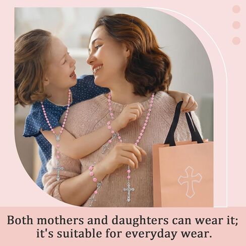 Kenning 5 Set of First Communion Gifts for Women Girls Pink Rose Cross Rosary Necklace Bracelet Jewelry with Scented Candle Bag Religious Christian Baptism Gift for Teen Girls in Kuwait