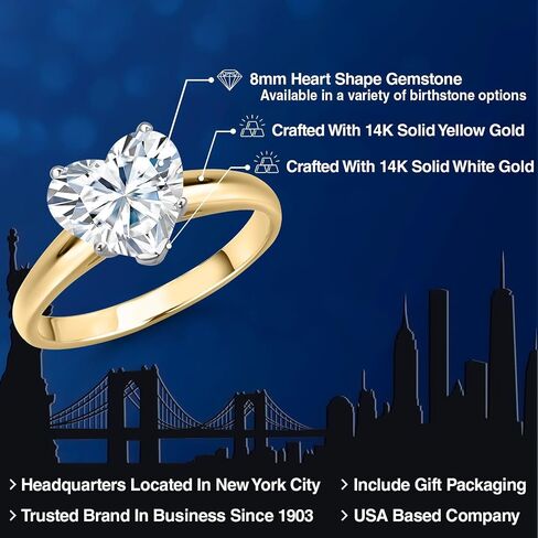 Gem Stone King 8MM Heart Shape Gemstone Birthstone Solitaire Engagement Ring For Women in 14K Two Tone Gold | Wedding Anniversary Promise Gold Ring | Size 5 to 9 in Kuwait