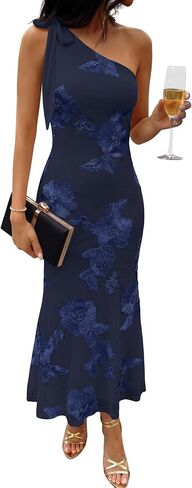Caracilia Womens Floral One Shoulder Formal Dress Summer Elegant Bodycon Mesh Wedding Guest Cocktail Party Long Maxi Dresses in Kuwait