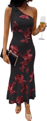 Caracilia Womens Floral One Shoulder Formal Dress Summer Elegant Bodycon Mesh Wedding Guest Cocktail Party Long Maxi Dresses in Kuwait