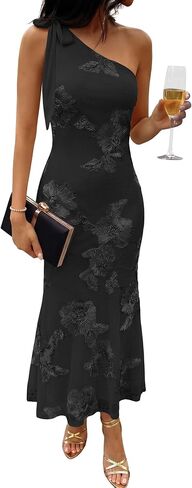 Caracilia Womens Floral One Shoulder Formal Dress Summer Elegant Bodycon Mesh Wedding Guest Cocktail Party Long Maxi Dresses in Kuwait