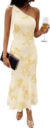 Caracilia Womens Floral One Shoulder Formal Dress Summer Elegant Bodycon Mesh Wedding Guest Cocktail Party Long Maxi Dresses in Kuwait