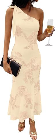 Caracilia Womens Floral One Shoulder Formal Dress Summer Elegant Bodycon Mesh Wedding Guest Cocktail Party Long Maxi Dresses in Kuwait