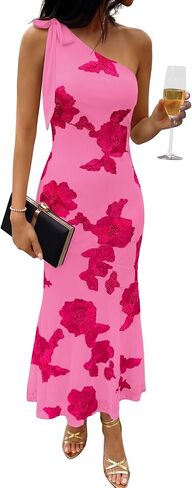 Caracilia Womens Floral One Shoulder Formal Dress Summer Elegant Bodycon Mesh Wedding Guest Cocktail Party Long Maxi Dresses in Kuwait
