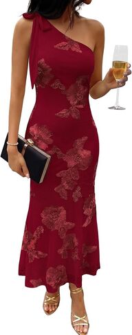Caracilia Womens Floral One Shoulder Formal Dress Summer Elegant Bodycon Mesh Wedding Guest Cocktail Party Long Maxi Dresses in Kuwait